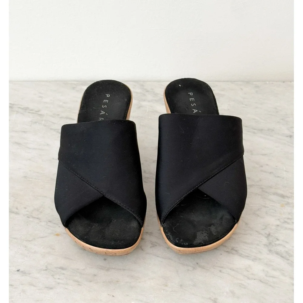 Summer Boho Pesaro Wedge Mule Sandals 9 Black Crossover Strap Faux Cork Platform